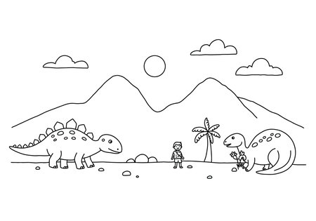 Dinosaur scene drawing. It is a black and white outline image of a prehistoric landscape with dinosaurs, a child, mountains, and palm trees. Vector sketch line art draw.のイラスト素材