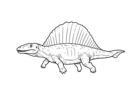 Dimetrodon drawing. It is a black and white outline image of a Dimetrodon, a prehistoric synapsid characterized by its distinctive dorsal sail. Vector sketch line art draw.のイラスト素材