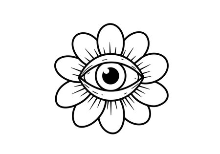 Eyeball flower drawing. It is a black and white outline image of an eye centered within a blooming flower, blending the bizarre with floral elements. Vector sketch line art draw.のイラスト素材