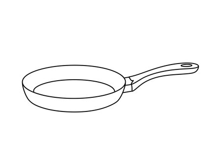 Fry pan drawing. It is a black and white outline image of a simple frying pan with a handle, suitable for cooking illustrations. Vector sketch line art draw.のイラスト素材