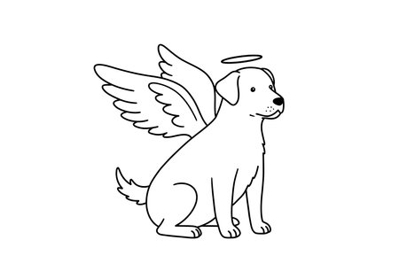Angel dog drawing. It is a black and white outline image of an angel dog, a canine with wings and a halo. Vector sketch line art draw.のイラスト素材