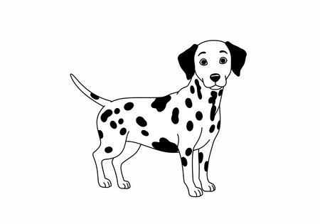 Dalmatian dog drawing. It is a black and white outline image of a Dalmatian dog, an iconic spotted canine breed. Vector sketch line art draw.のイラスト素材
