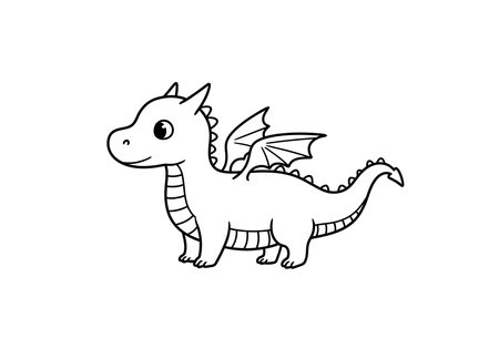 Cartoon dragon drawing. It is a charming black and white outline image of a cute, friendly cartoon dragon, perfect for kids' coloring. Vector sketch line art draw.のイラスト素材