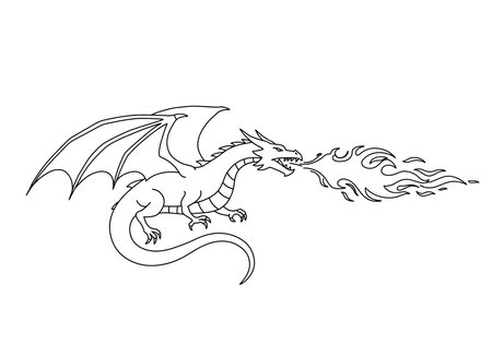 Dragon fire drawing. It is a bold black and white outline image of a dragon breathing fire, ideal for coloring. Vector sketch line art draw.のイラスト素材