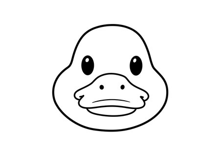 Duck face drawing. It is a cute black and white outline image of a cartoon duck's head with a friendly expression. Vector sketch line art draw.のイラスト素材