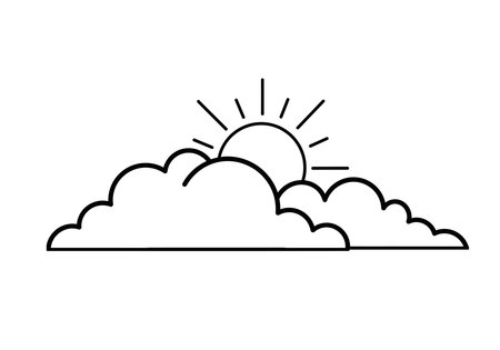 Clouds and sun drawing. It is a black and white outline sketch of clouds with the sun peeking through, representing weather and sky. Vector sketch line art draw.のイラスト素材