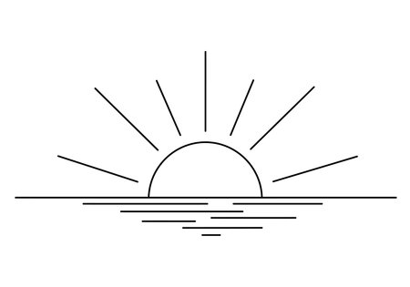 Setting sun drawing. It is a black and white outline sketch of the setting sun over water, symbolizing sunset and tranquility. Vector sketch line art draw.のイラスト素材