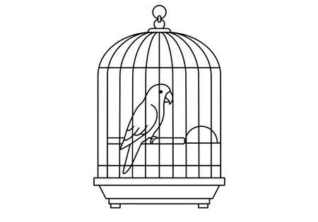 Parrot cage drawing. It is a black and white outline sketch of a parrot in a cage, a common pet enclosure. Vector sketch line art draw.のイラスト素材
