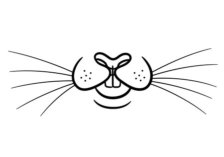 Bunny mouth drawing. It is a black and white outline image of a bunny's mouth, featuring its characteristic nose, whiskers, and upper lip. Vector sketch line art draw.のイラスト素材