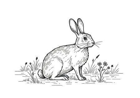 Rabbit scenery drawing. It is a black and white outline image of a rabbit sitting in a natural setting with grass and flowers. Vector sketch line art draw.のイラスト素材
