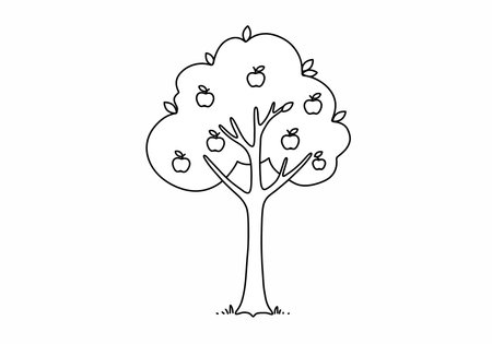 Apple tree drawing. A vector sketch line art drawing of an apple tree with apples and leaves, a simple, iconic of a fruit-bearing tree, perfect for children's themes. Vector sketch line art draw.のイラスト素材