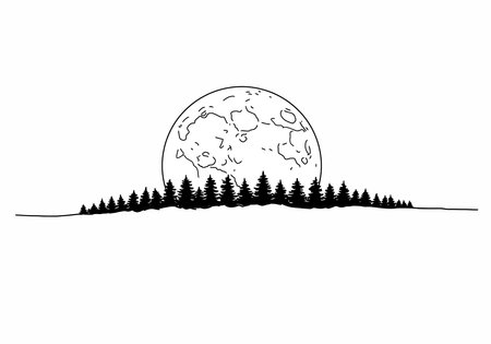 Moon and tree drawing. It is a vector sketch line art drawing of a full moon rising above a forest of pine trees, creating a serene nocturnal landscape. Vector sketch line art draw.のイラスト素材