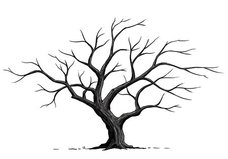 Gnarled tree drawing. It is a vector sketch line art drawing of a gnarled, twisted tree, evoking age and resilience. Vector sketch line art draw.のイラスト素材