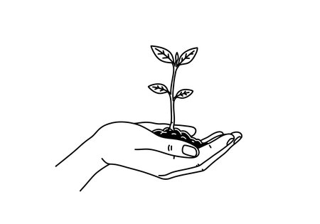 Hand tree drawing. It is a vector sketch line art drawing of a human hand holding a small plant sprout with leaves and roots, symbolizing growth, care, and nature. Vector sketch line art draw.のイラスト素材