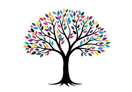 Colorful tree drawing. It is a vector sketch line art drawing of a tree with vibrant, multicolored leaves, symbolizing diversity and joy. Vector sketch line art draw.のイラスト素材