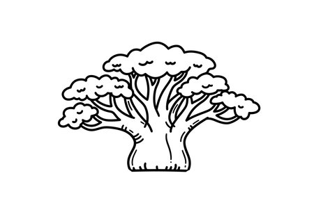 Boab tree drawing. A vector sketch line art drawing of a boab tree, its characteristic thick trunk and sparse canopy, an iconic of Australian and African landscapes. Vector sketch line art draw.のイラスト素材