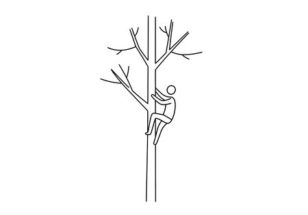 Climbing tree drawing. It is a vector sketch line art drawing of a person climbing a bare tree, symbolizing adventure, nature connection, or overcoming challenges. Vector sketch line art draw.のイラスト素材