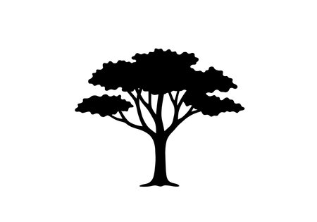 Dark tree drawing. It is a vector sketch line art drawing of a solid black tree silhouette with dense foliage. Vector sketch line art draw.のイラスト素材