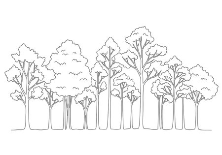 Autumn season tree drawing. A vector sketch line art drawing of a forest or tree line, depicting various trees with full canopies, a natural landscape for autumn themes. Vector sketch line art draw.のイラスト素材