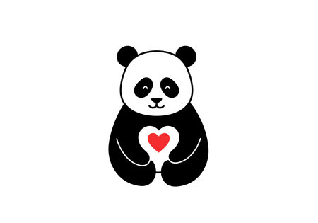 Panda with heart drawing. It is a black and white outline image of a panda with heart drawing, a cute bear holding a red heart. Vector sketch line art draw.のイラスト素材