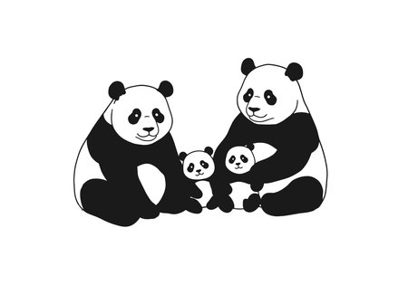 Panda family drawing. It is a black and white outline image of a panda family drawing, depicting two adult bears and two adorable cubs. Vector sketch line art draw.のイラスト素材