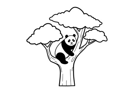 Panda on tree drawing. It is a black and white outline image of a panda on tree drawing, a happy bear resting amidst tree branches. Vector sketch line art draw.のイラスト素材