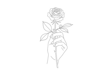 Hand with rose drawing. It is a black and white outline image of a hand gently holding a single rose, symbolizing love and tenderness. Vector sketch line art draw.のイラスト素材
