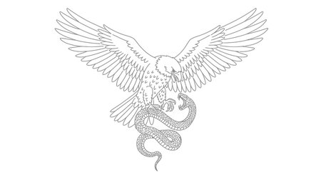 Eagle and snake drawing. It is a black and white outline image of an eagle fighting a snake, a common symbol of conflict or victory. Vector sketch line art draw.のイラスト素材
