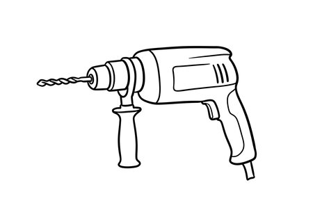 Hand drill drawing. It is a black and white outline image of a hand drill, a power tool used for making holes in various materials. Vector sketch line art draw.のイラスト素材