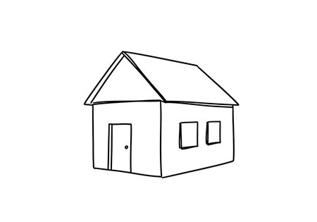House hand drawing. It is a black and white outline image of a simple house, featuring a peaked roof, a door, and two windows. Vector sketch line art draw.のイラスト素材