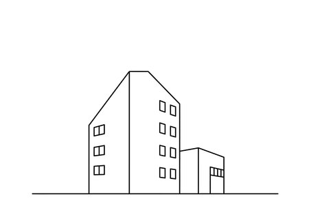 Building scenery drawing. It is a black and white outline image of a modern building with angular lines and windows, conveying an urban architectural scene. Vector sketch line art draw.のイラスト素材