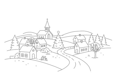 Christmas scenery drawing. It is a black and white outline image of a festive Christmas village with houses, a church, and a decorated tree, evoking holiday spirit. Vector sketch line art draw.のイラスト素材