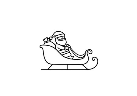 Santa sleigh drawing. Black and white outline of Santa Claus riding in his sleigh with a sack full of gifts. Vector sketch line art draw.のイラスト素材