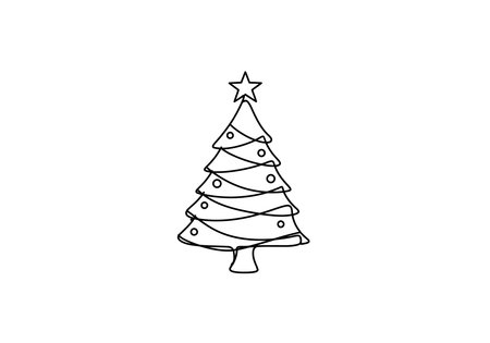 Christmas eve drawing. Black and white outline of a decorated Christmas tree with a star and ornaments, symbolizing holiday cheer. Vector sketch line art draw.のイラスト素材