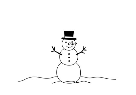 Festive drawing. Black and white outline of a snowman with a "Happy Holidays Christmas" banner, symbolizing seasonal joy. Vector sketch line art draw.のイラスト素材