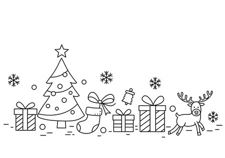 Merry Christmas drawing. Black and white outline of a festive scene with a decorated Christmas tree, gifts, stocking, bell, reindeer, and snowflakes. Vector sketch line art draw.のイラスト素材