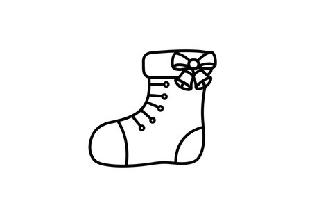Christmas shoes drawing. Black and white outline of a festive Christmas boot adorned with a bow and jingle bells. Vector sketch line art draw.のイラスト素材
