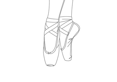 Ballet shoe drawing. It is a black and white outline image of ballet shoes, also known as pointe shoes, with ribbons tied around the ankles. Vector sketch line art draw.のイラスト素材