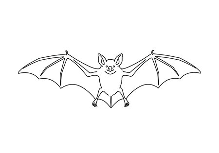 Bat drawing. It is a black and white outline image of a bat with outstretched wings, often associated with night and Halloween. Vector sketch line art draw.のイラスト素材