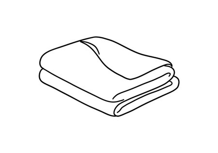 Blanket drawing. It is a black and white outline image of a folded blanket, a soft textile used for warmth or as a bed covering. Vector sketch line art draw.のイラスト素材