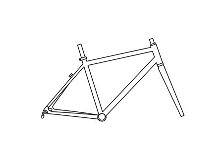 Bicycle frame drawing. It is a black and white outline image of a bicycle frame, the main structural component of a bike or cycle. Vector sketch line art draw.のイラスト素材