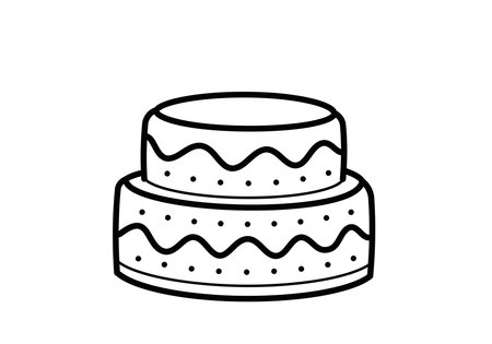 2 layer cake drawing. It is a black and white outline of a two-layer cake or tiered dessert, decorated with simple patterns. Vector sketch line art draw.のイラスト素材