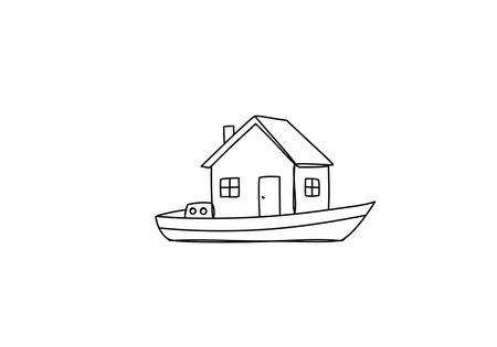 Boat house drawing. It is a black and white outline of a boat house or floating home, depicting a simple dwelling on a boat. Vector sketch line art draw.のイラスト素材