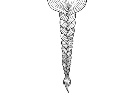Braid drawing. It is a black and white outline of a braid, plait, or woven hair, showcasing an intricate and classic hairstyle. Vector sketch line art draw.のイラスト素材