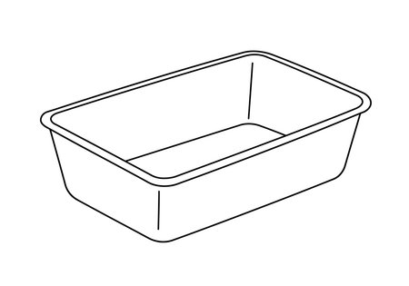 Loaf pan drawing. It is a black and white outline of a loaf pan or baking tin, an empty rectangular piece of bakeware. Vector sketch line art draw.のイラスト素材