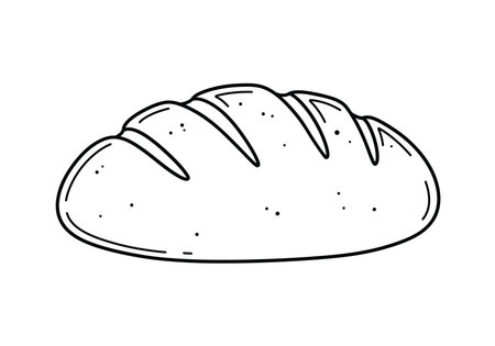 Bread drawing. It is a black and white outline of a loaf of bread or baked good, showing slashes on its crust. Vector sketch line art draw.のイラスト素材
