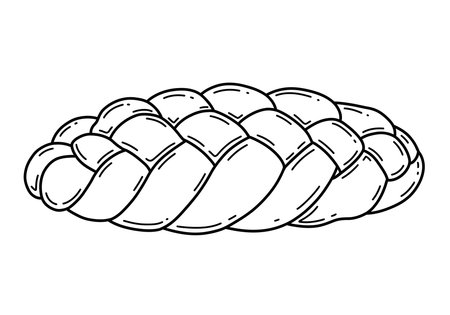 Challah drawing. It is a black and white outline of a challah bread or braided loaf, showing its distinctive woven pattern. Vector sketch line art draw.のイラスト素材