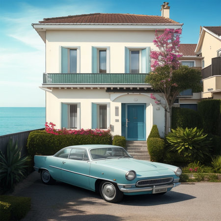 Vintage american car in front of a modern house. 3d render