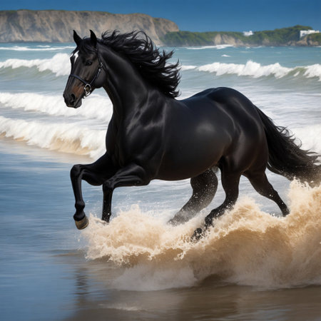 Black horse running on the beach in the ocean with splashes of waterの写真素材