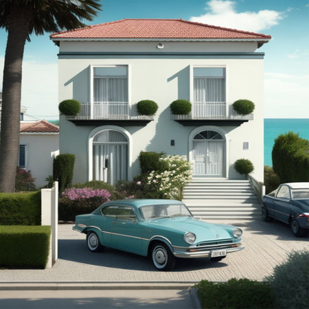 Retro car in front of a luxury house. 3d renderの写真素材